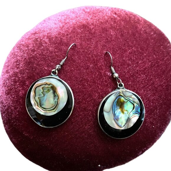 Vintage alpaca silver and abalone Mexico round dangle earrings - Picture 1 of 11